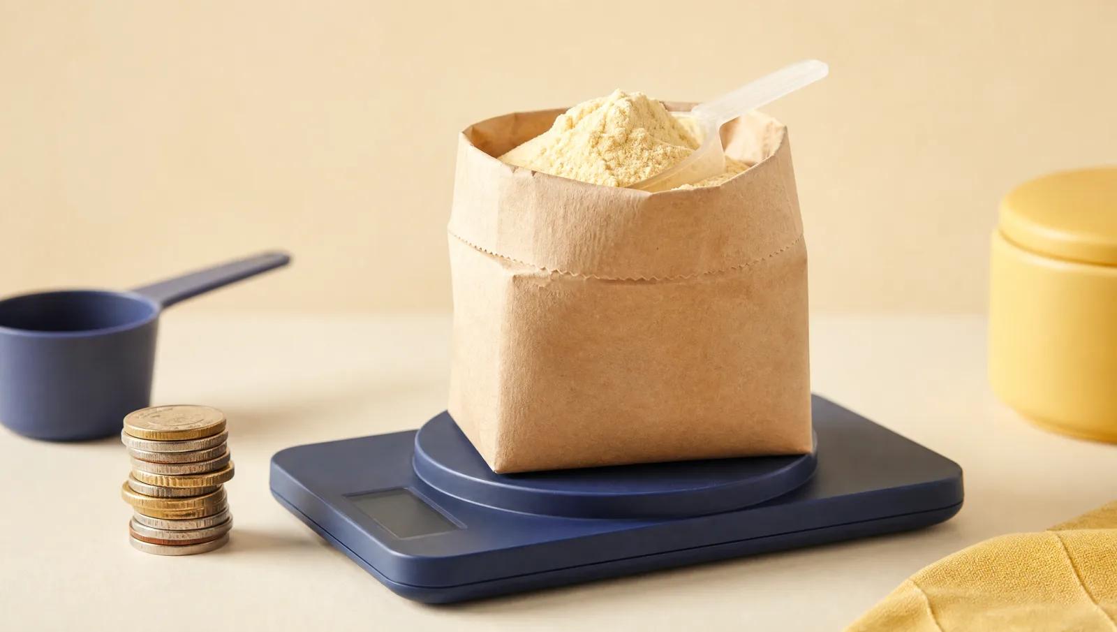 Paper scoop bag on a weighing scale beside a small stack of coins on cream.