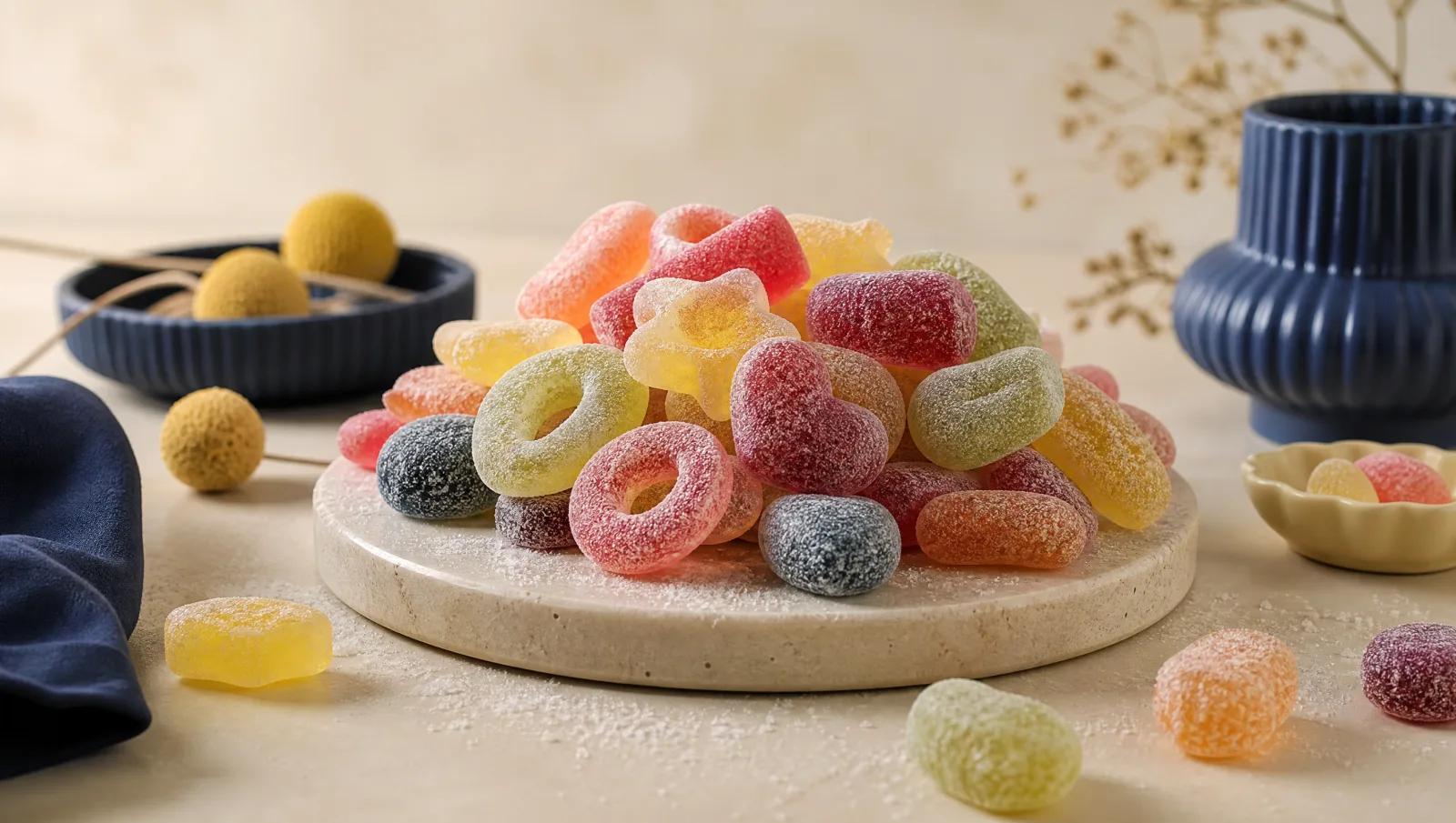 Sugar-dusted sour sweets in mixed shapes heaped on cream stone.