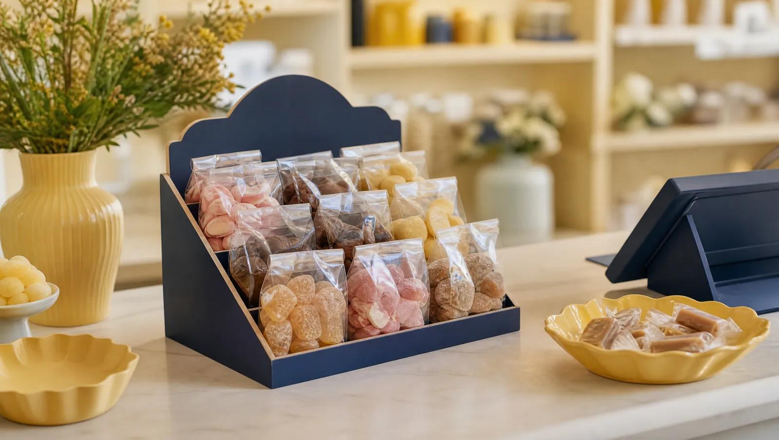 Countertop impulse display of small sweet bags beside a till, shop interior soft focus.