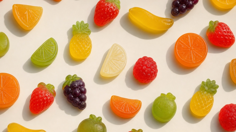 Bright colorful fruit gummy candies