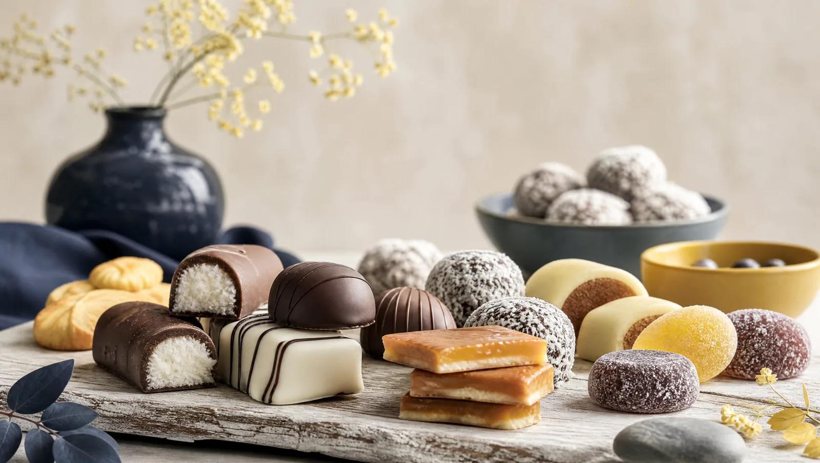 Assorted Nordic sweets on a weathered pale wood board with soft grey stone.