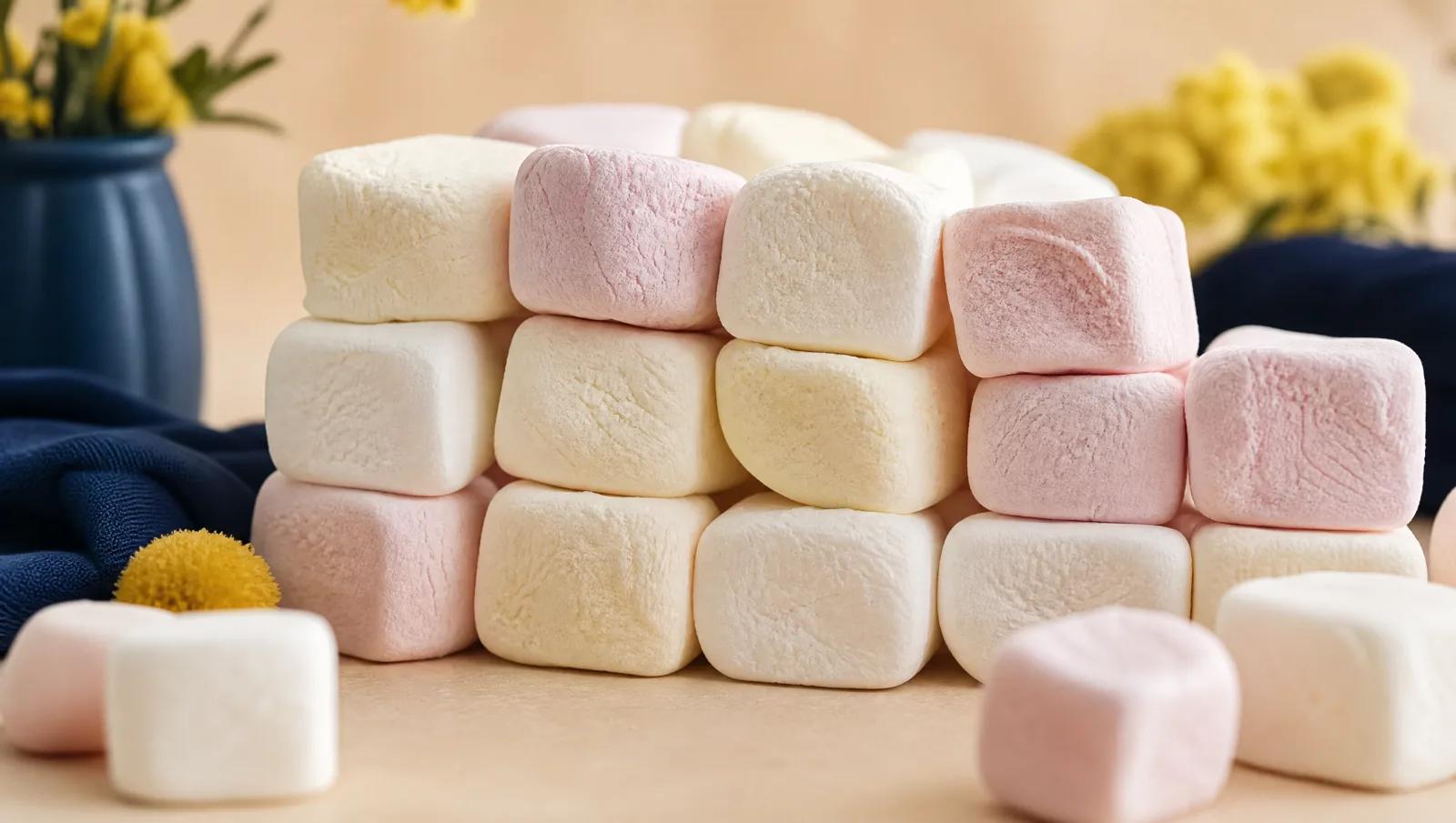 Soft pillowy marshmallow pieces in pastel shades stacked in loose rows.