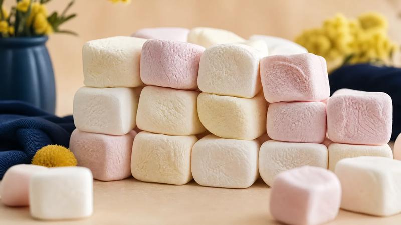 Soft pillowy marshmallow pieces in pastel shades stacked in loose rows.
