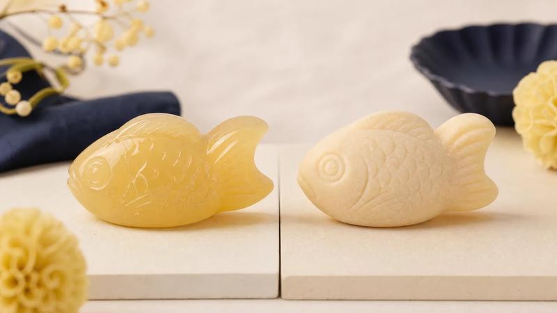 Two fish-shaped sweets side by side on a split cream surface, one glossy one matte, comparison framing.