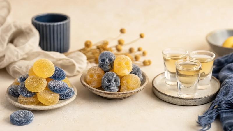 Sour discs, skulls and shots grouped in three tidy clusters, sugar crystals visible.