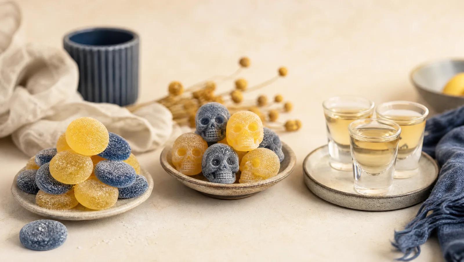 Sour discs, skulls and shots grouped in three tidy clusters, sugar crystals visible.