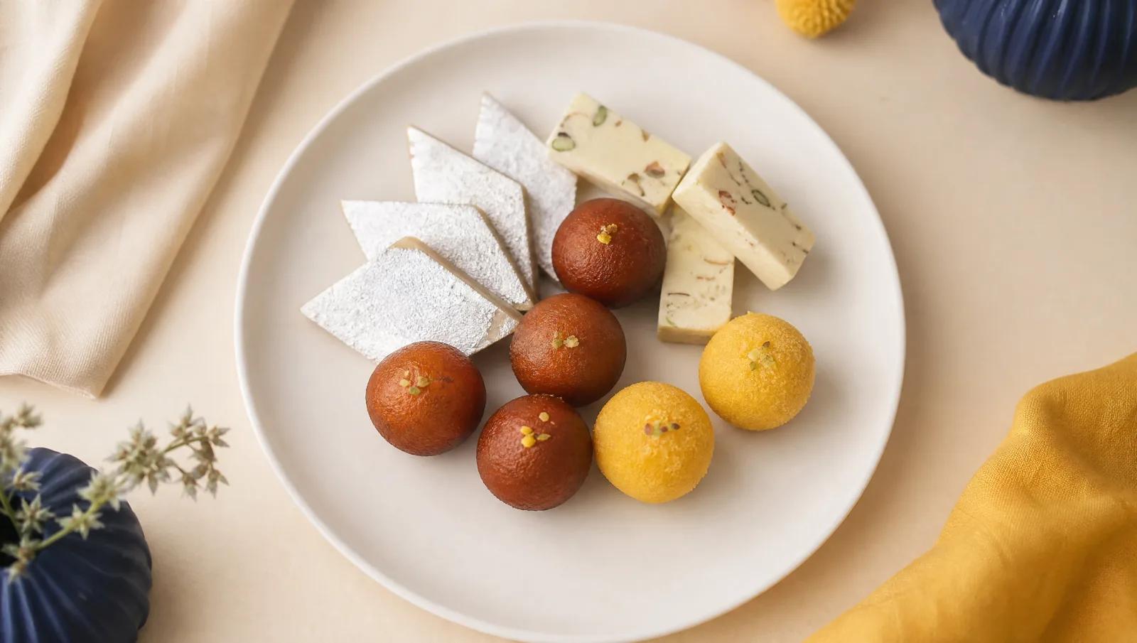 Simple overhead of assorted sweets on a plain white ceramic plate, minimal and clean.