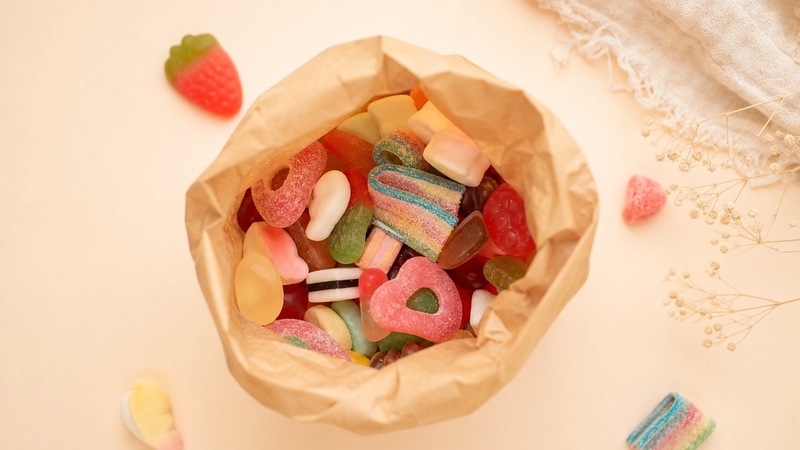 An open paper bag of Swedish pick-and-mix candy