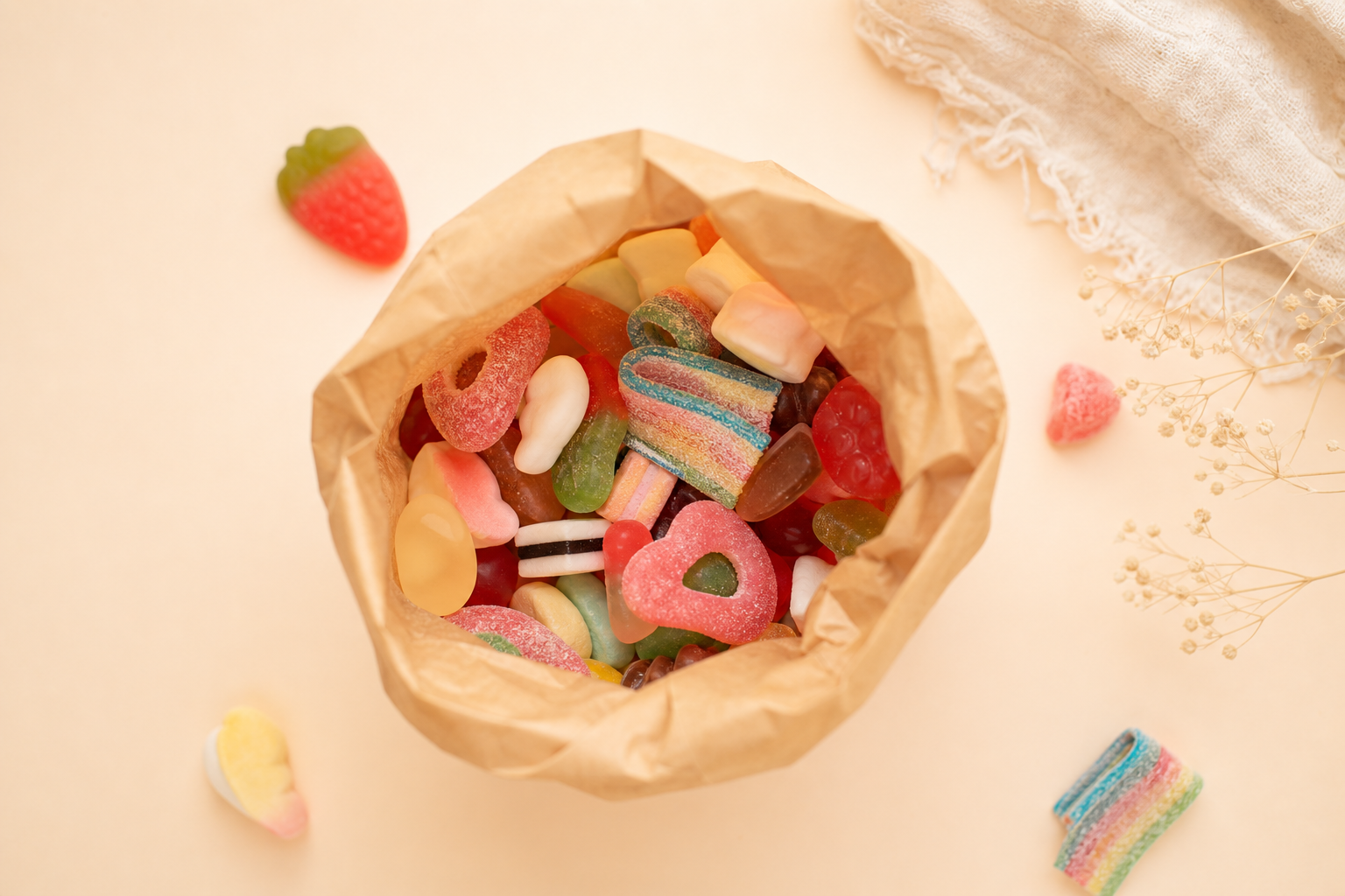 An open paper bag of Swedish pick-and-mix candy