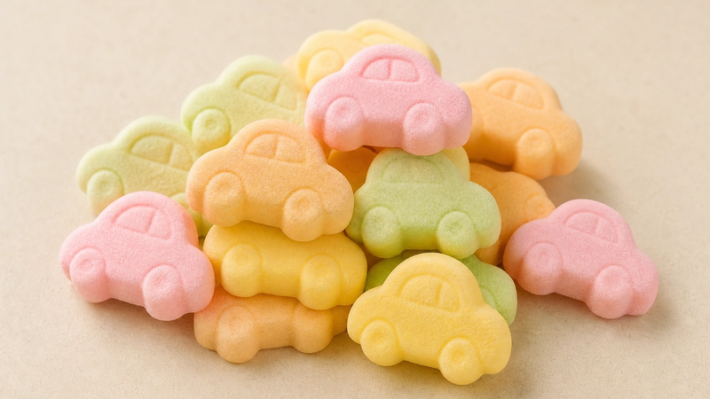 Pastel foam car-shaped candies, Ahlgrens Bilar style