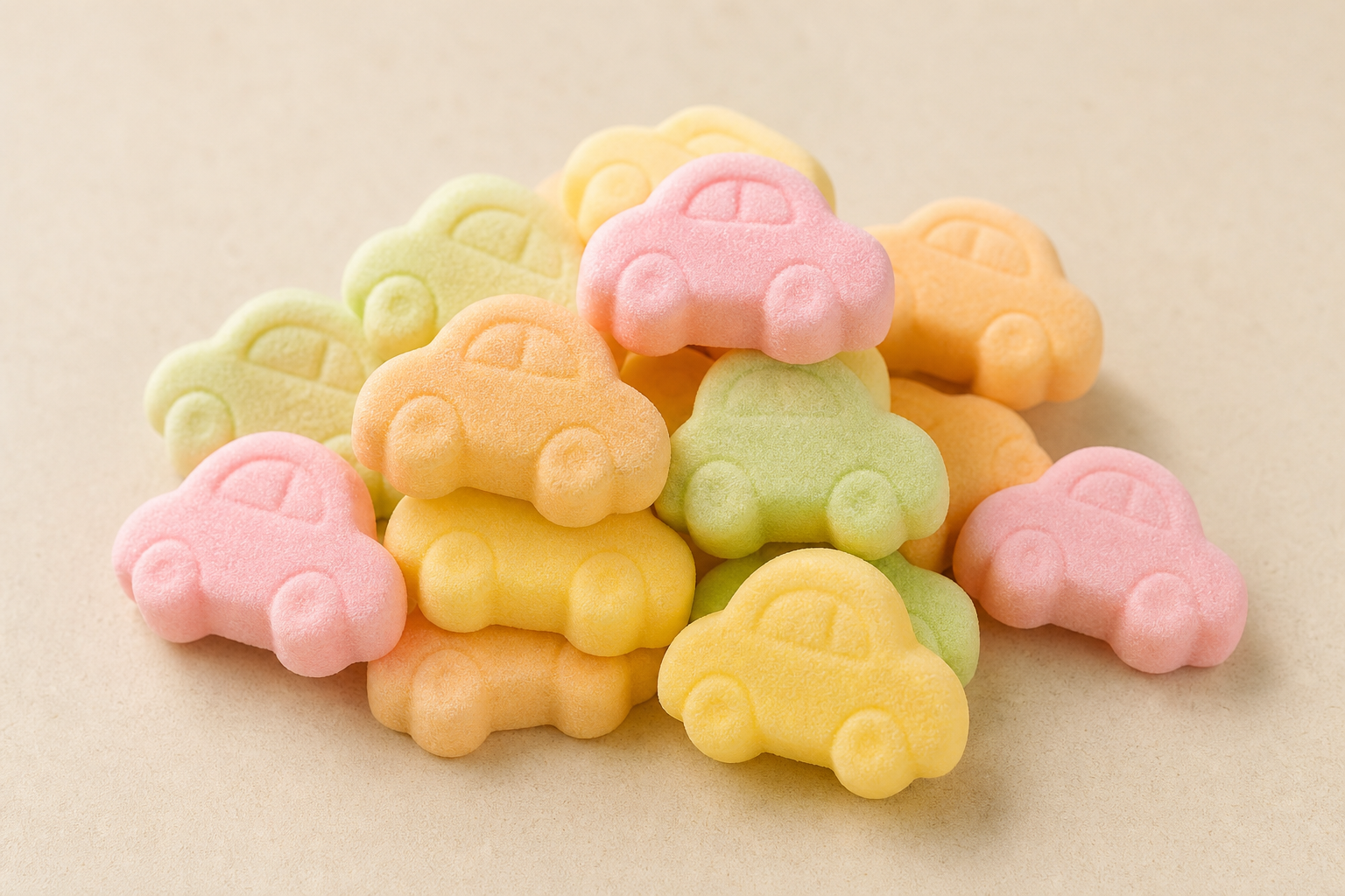 Pastel foam car-shaped candies, Ahlgrens Bilar style