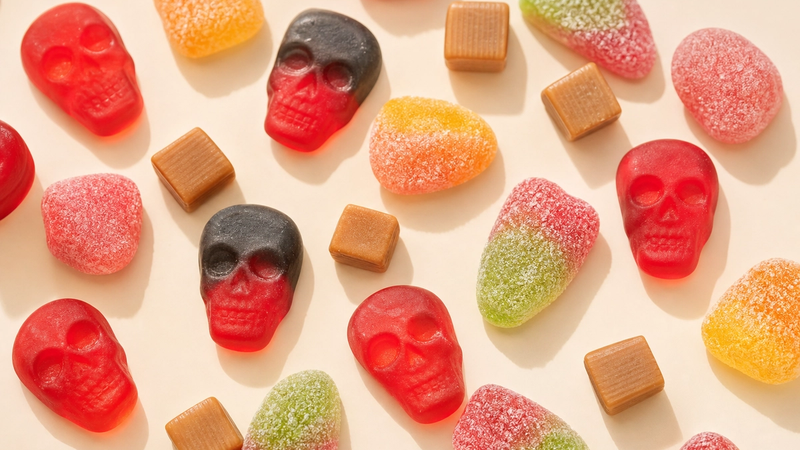 Dutch candy: skull gummies, sour gummies and caramel bites