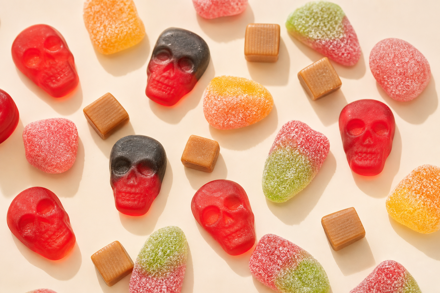 Dutch candy: skull gummies, sour gummies and caramel bites