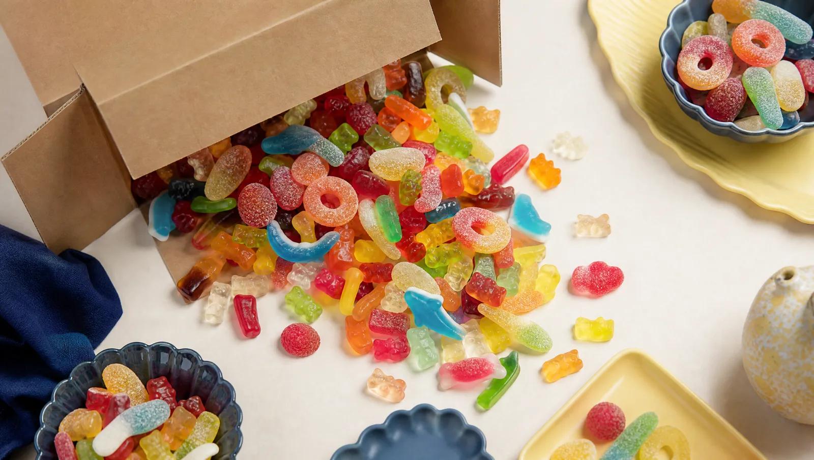 Mixed gummy sweets spilling from an open plain shipping carton.