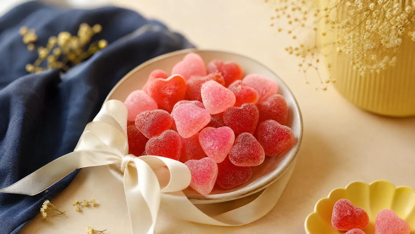Red and pink heart-shaped gummies in a shallow dish with a plain ribbon.
