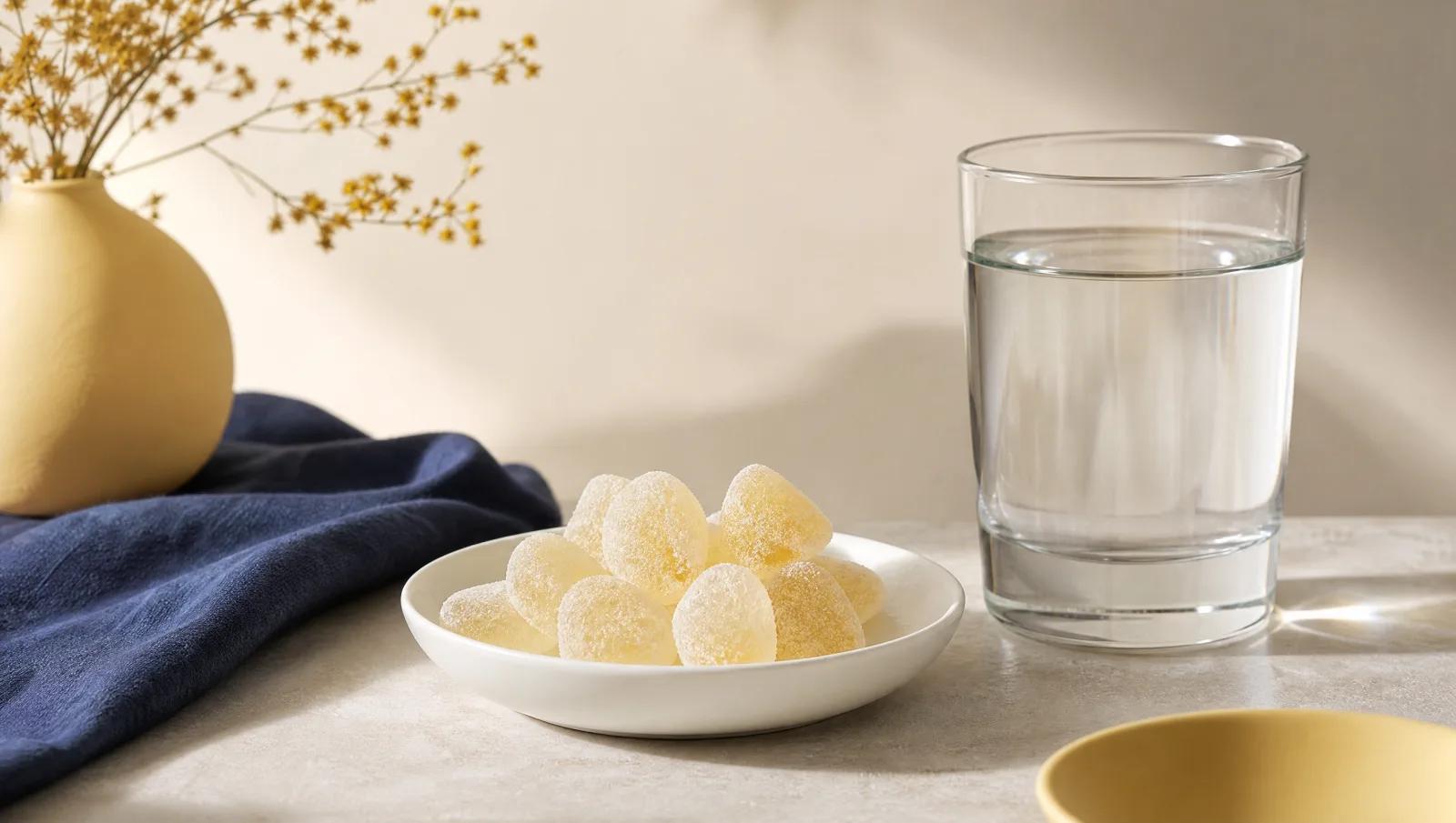 Pale sour sweets in a clean white dish beside a plain glass of water.