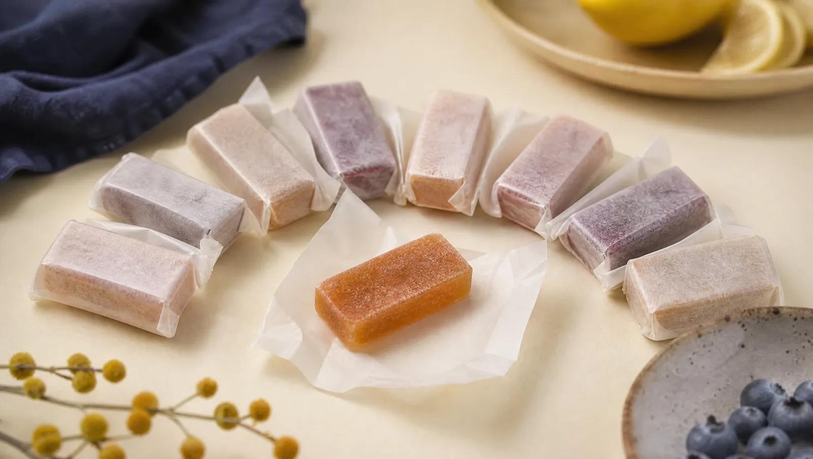 Chewy rectangular fruit sweets fanned across a cream surface, one unwrapped in plain wax paper.