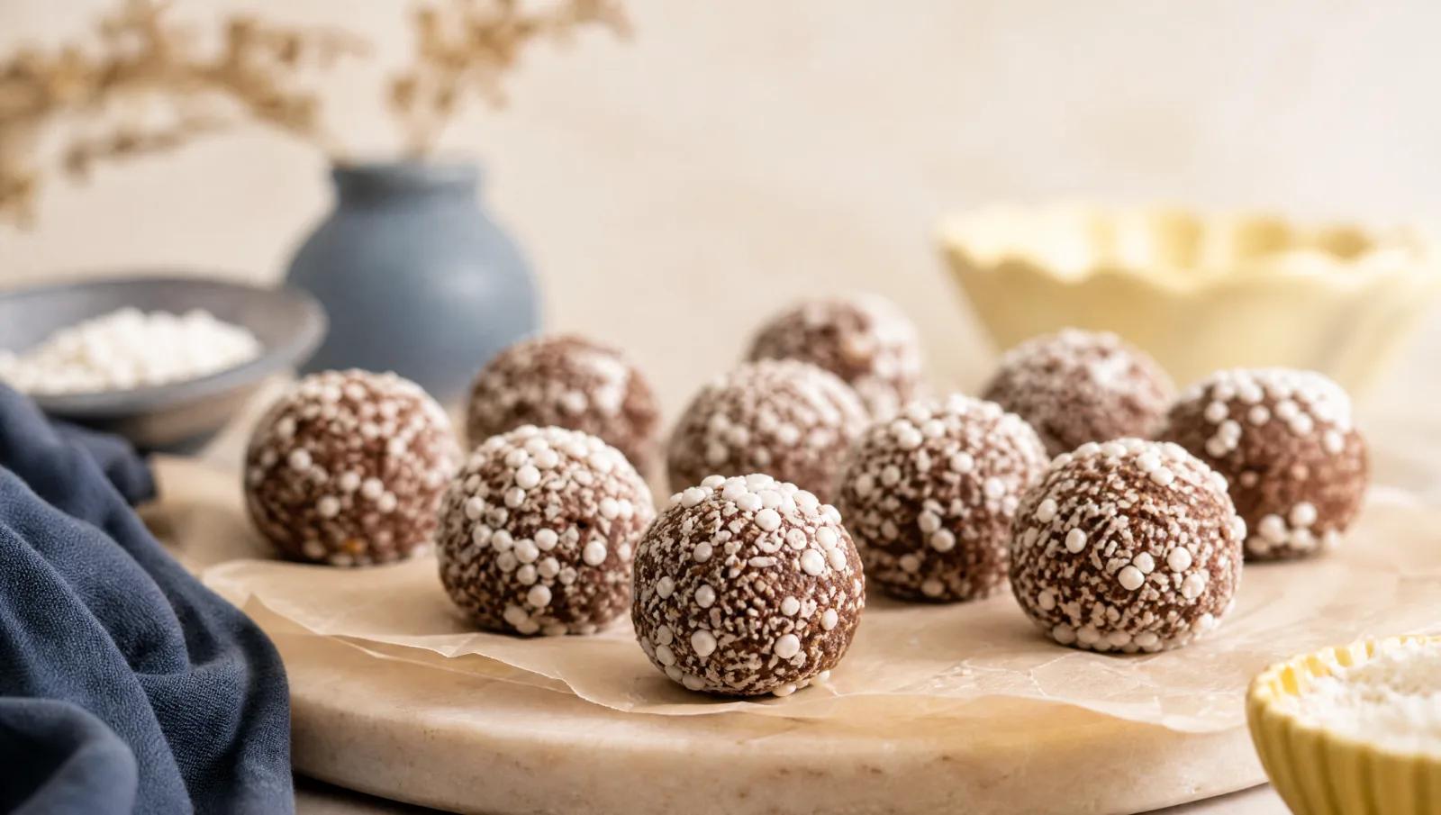 Cocoa and oat balls rolled in pearl sugar and coconut on baking paper.