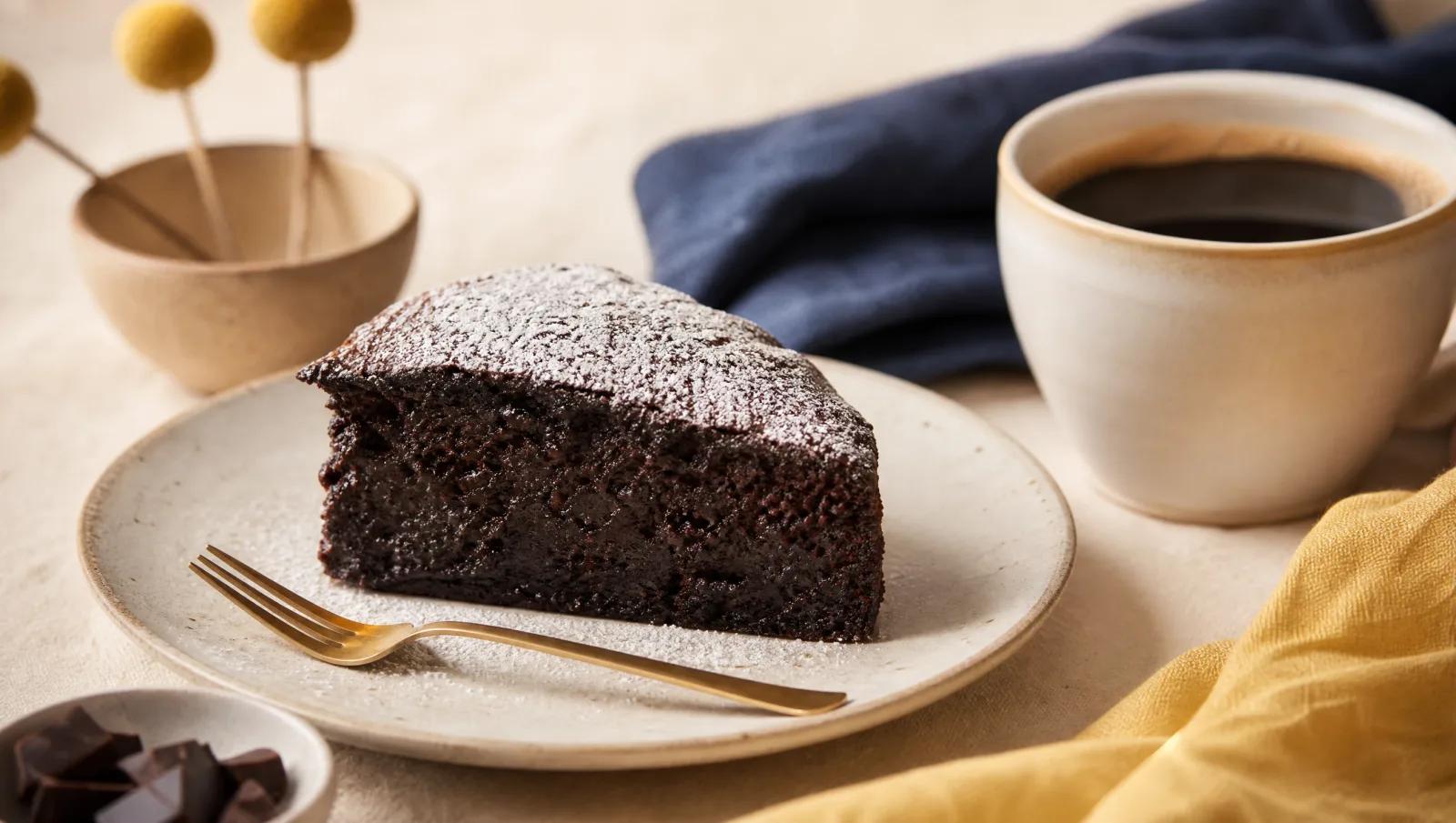 Slice of dense sticky chocolate cake dusted with icing sugar beside black coffee.