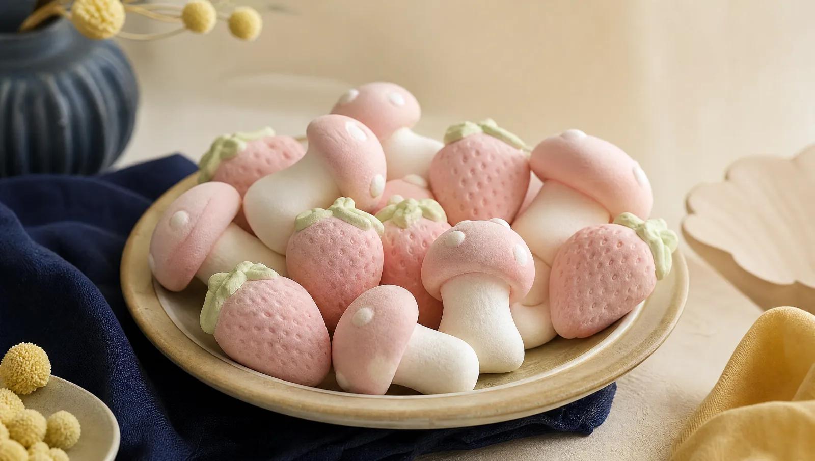 Pale pink and white foam mushroom and strawberry sweets clustered on a shallow ceramic dish.