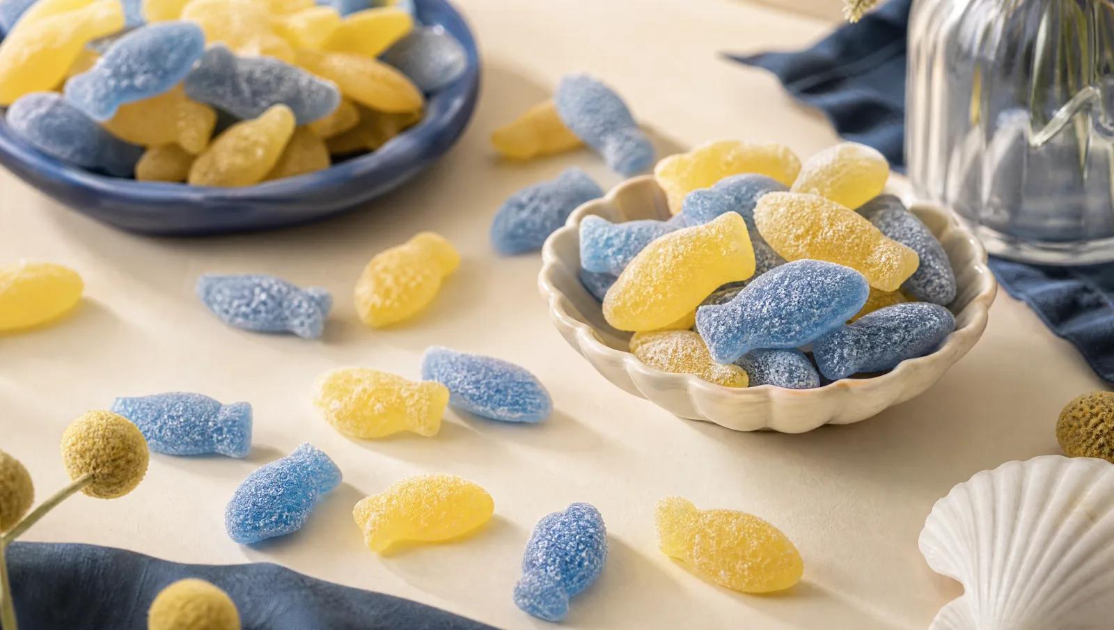 Sugar-dusted fish-shaped sour sweets scattered across cream, sugar crystals catching the light.