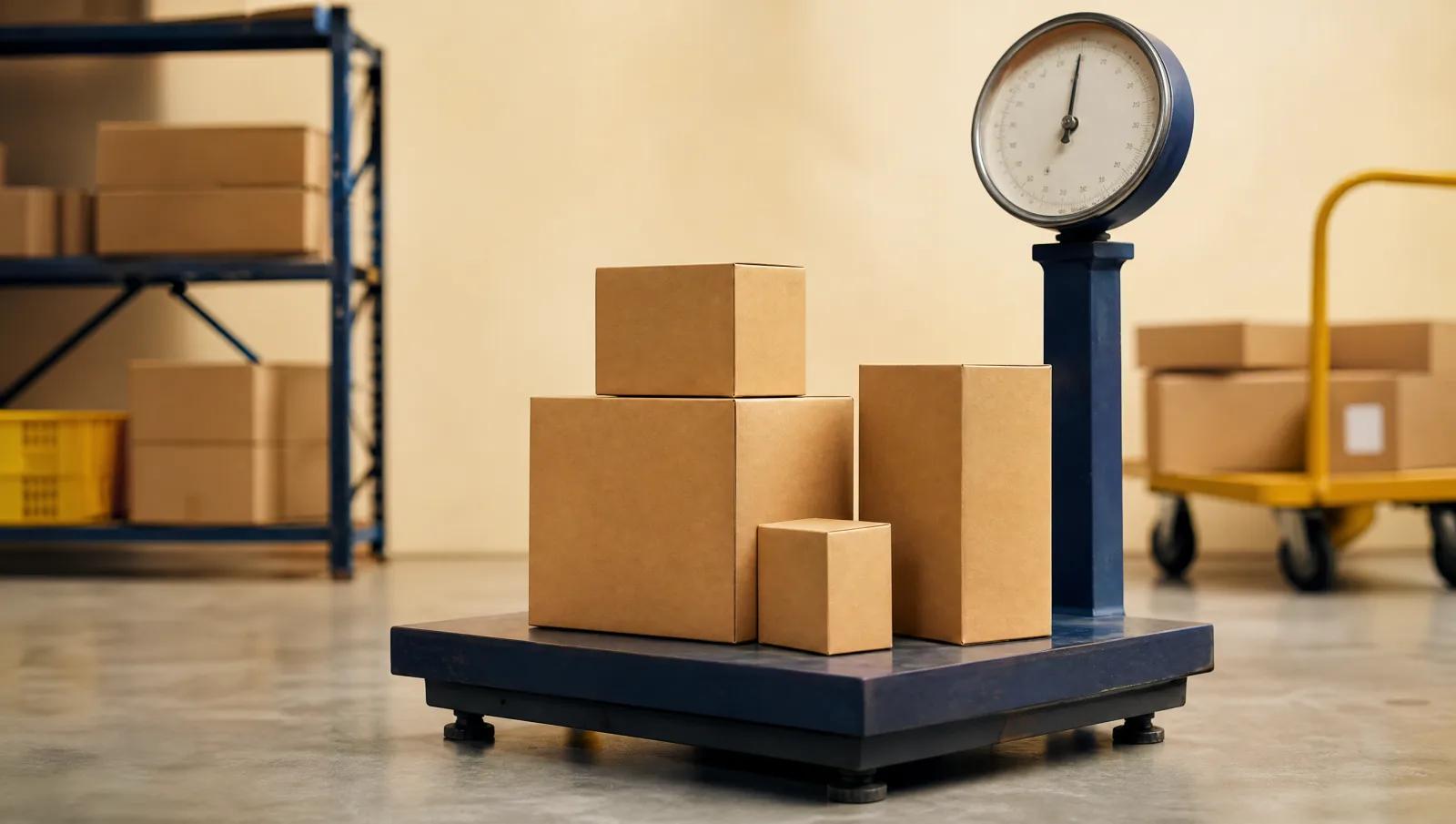 Plain cartons of different sizes on a warehouse floor scale.