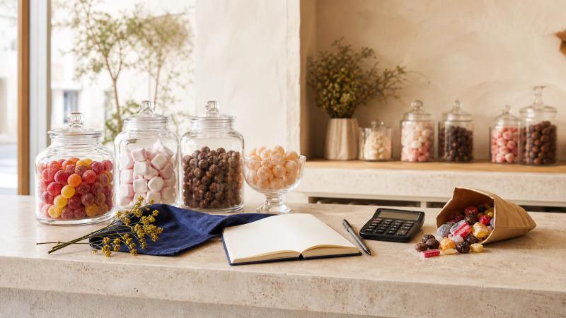 A candy shop counter with glass jars, an open notebook, a calculator and a pen beside a bag of candy.