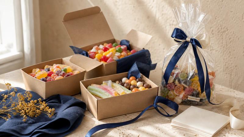 Open gift boxes and a clear gift bag filled with colourful candies, navy ribbon and blank cards.
