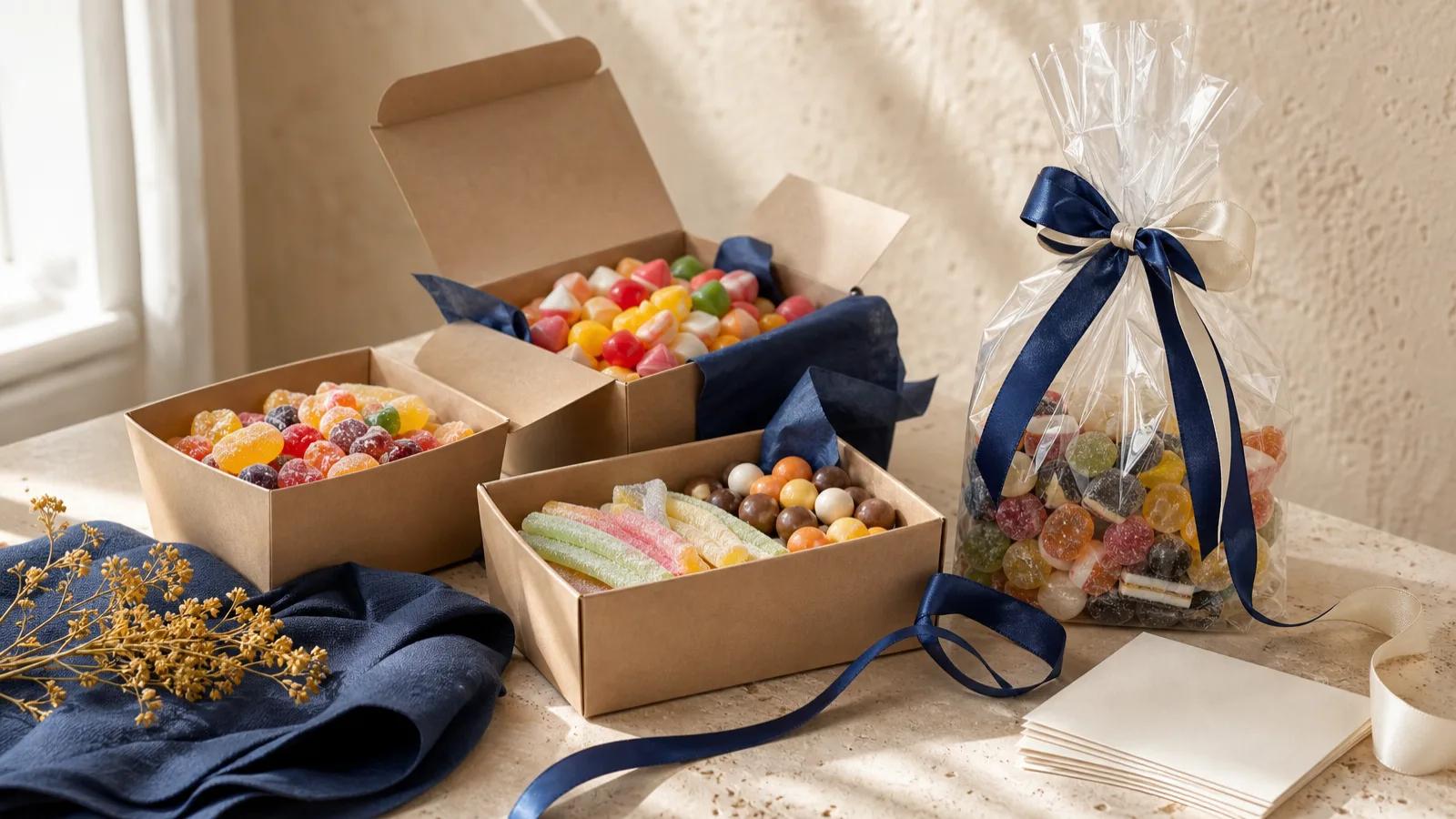 Open gift boxes and a clear gift bag filled with colourful candies, navy ribbon and blank cards.