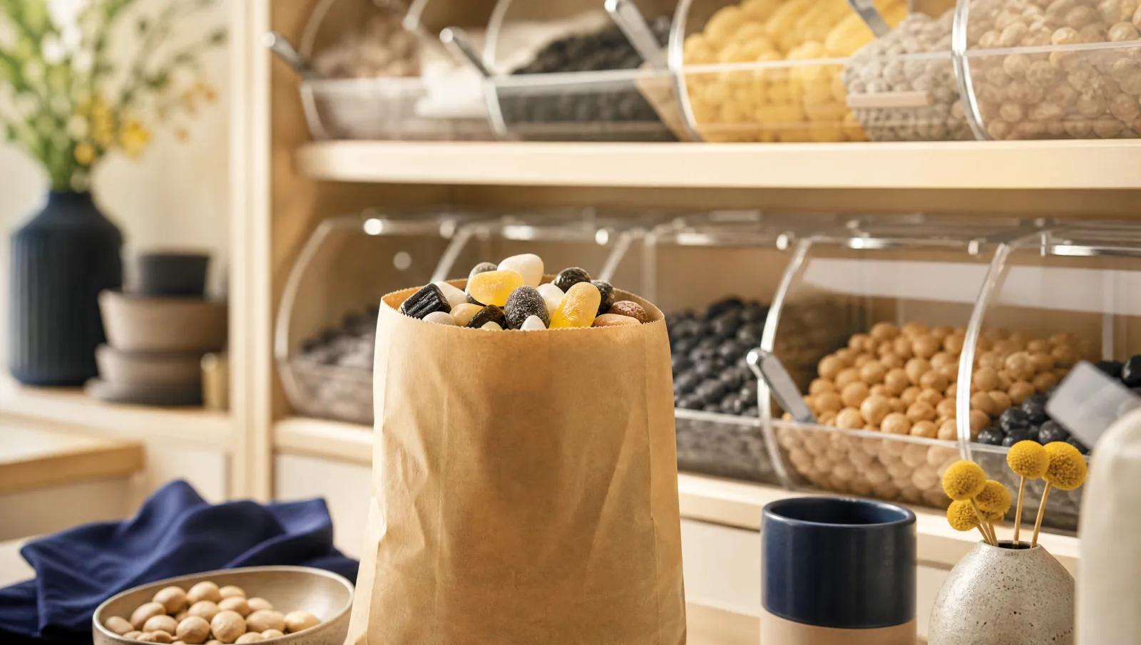 Pick-and-mix wall of scoop bins in soft focus with a filled paper bag in front.