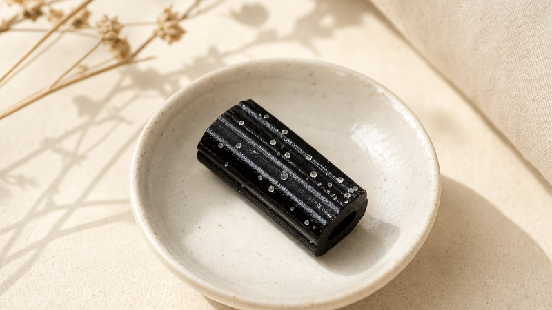 A piece of black salty licorice on a dish