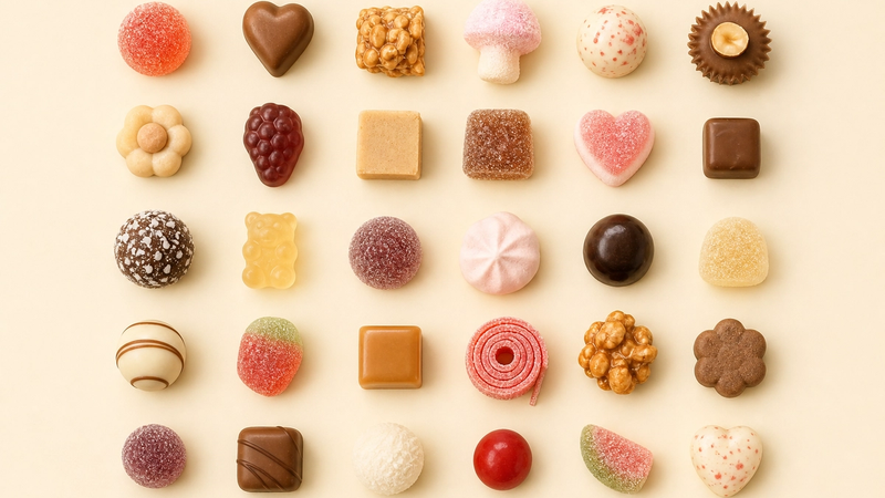 An advent-style grid of small candies