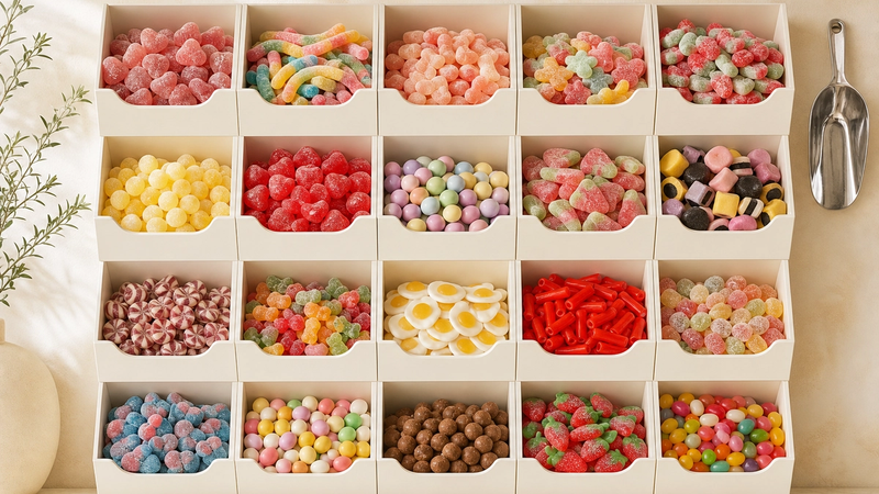 A pick-and-mix candy wall with a scoop