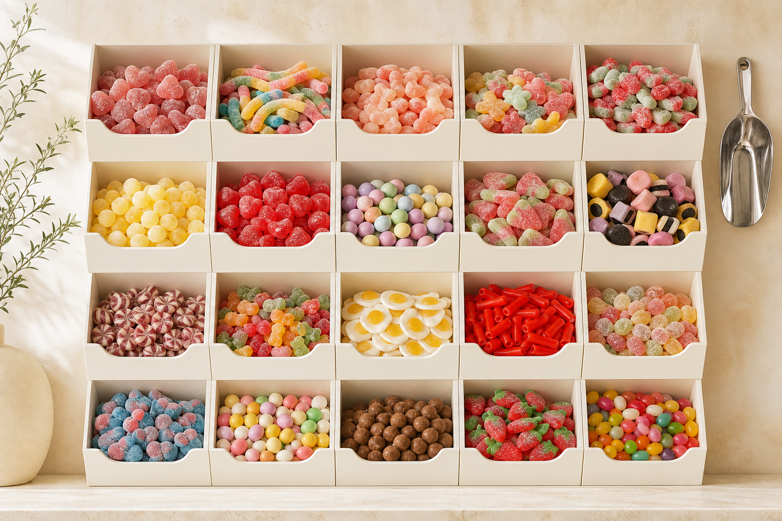 A pick-and-mix candy wall with a scoop