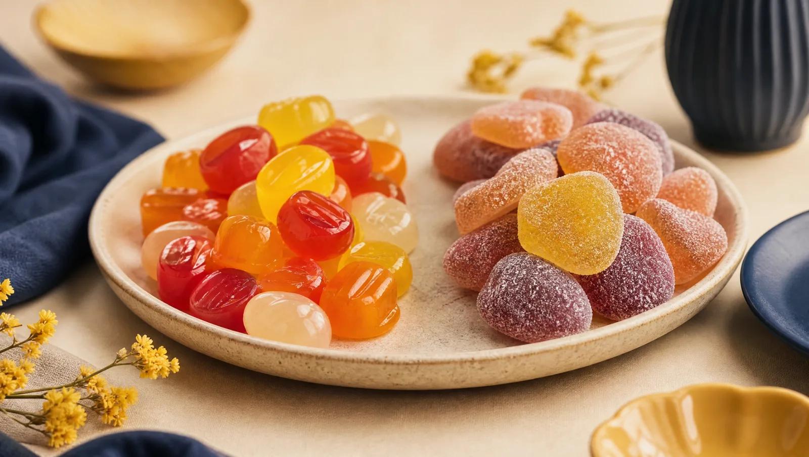 Sweet and sour sweets in two adjacent groups, one glossy one sugar-dusted.