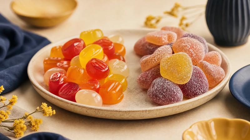 Sweet and sour sweets in two adjacent groups, one glossy one sugar-dusted.