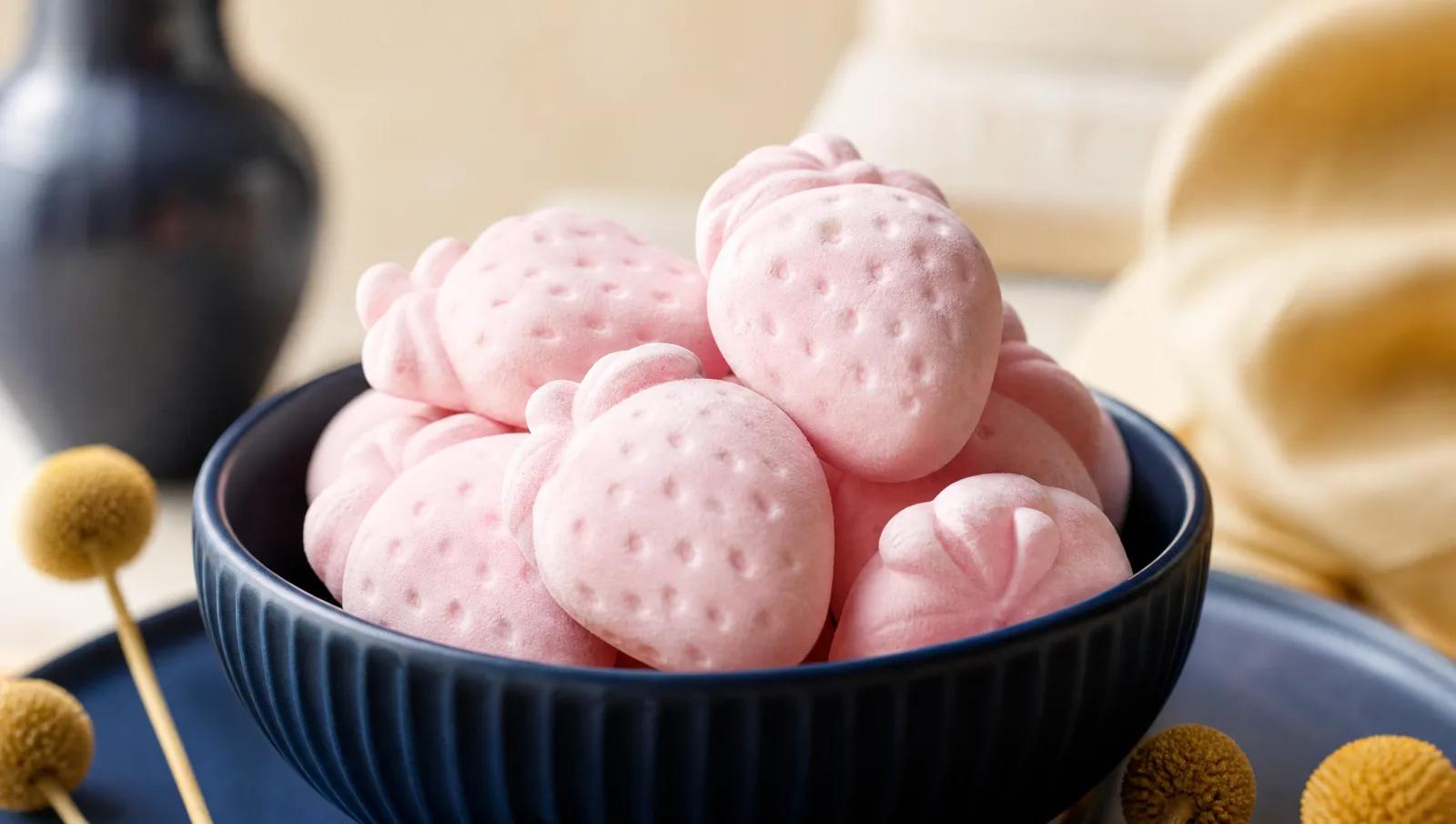 Pale pink foam strawberry sweets piled in a small navy bowl, macro texture.