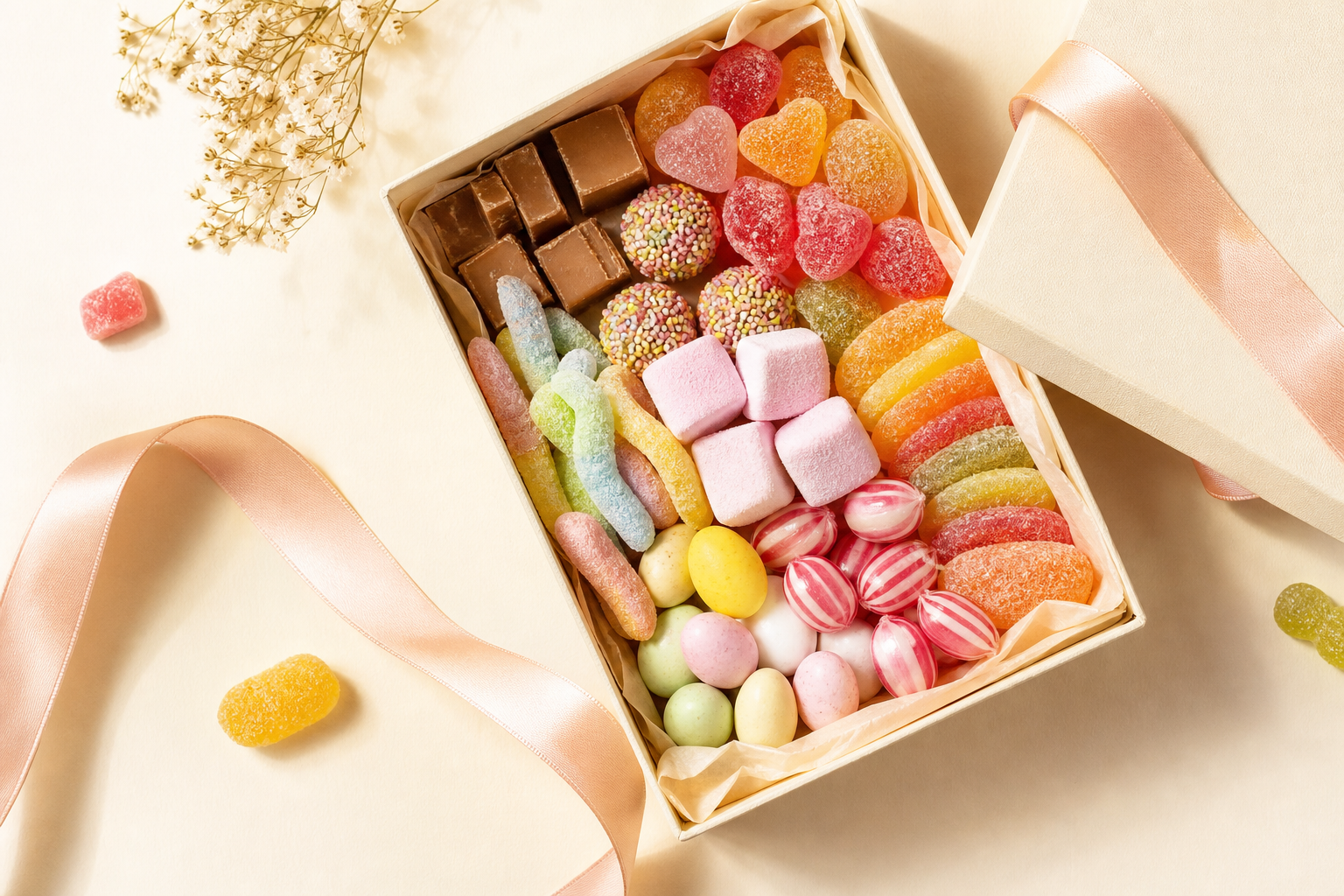 An open gift box of assorted Swedish candy
