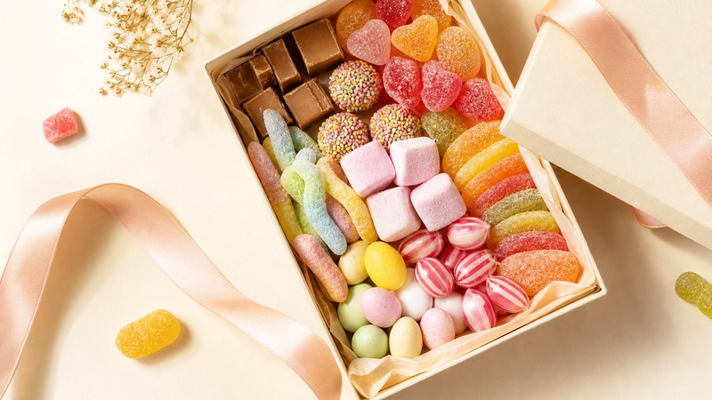 An open gift box of assorted Swedish candy