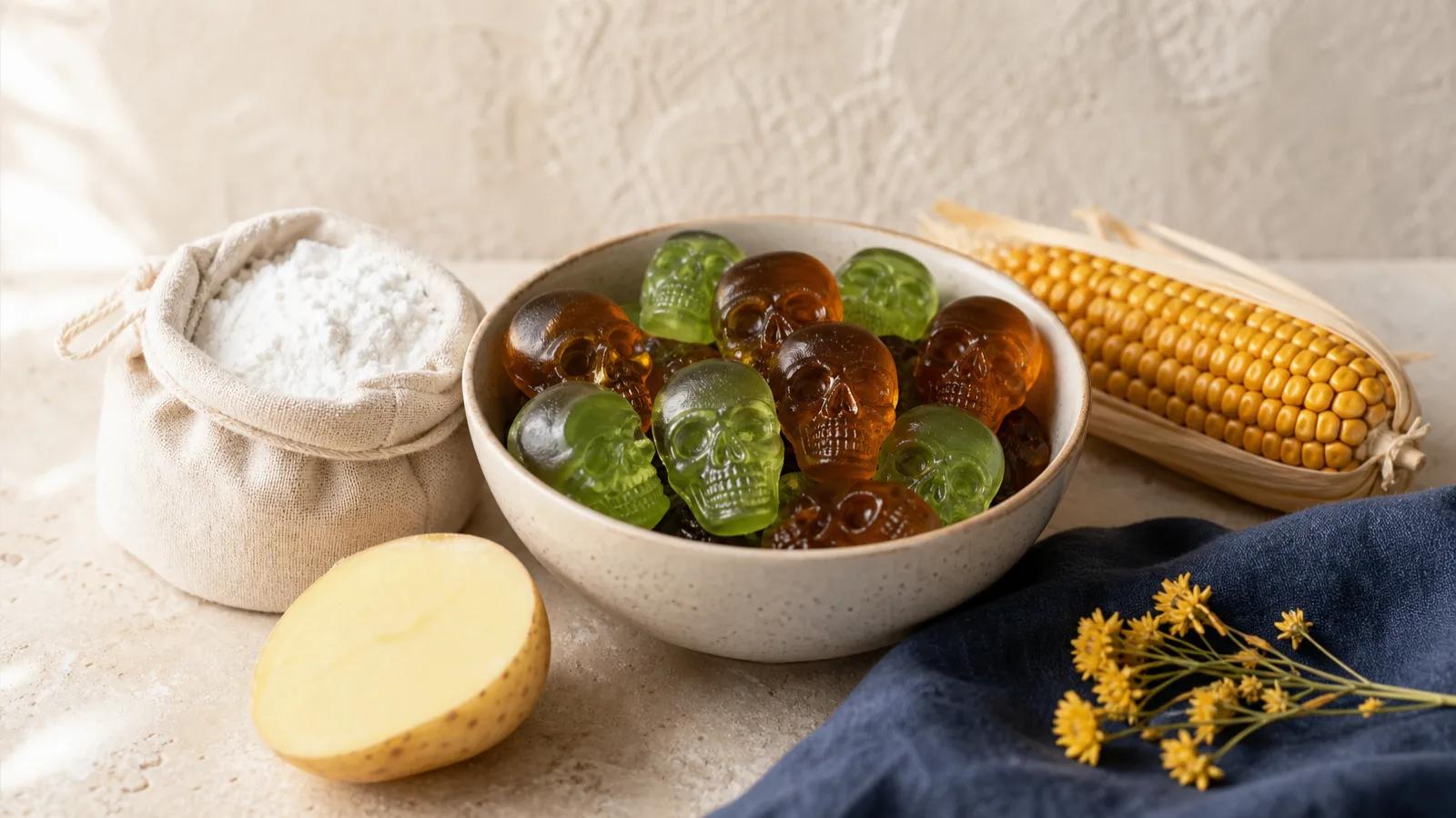 Skull-shaped and melon-green gummies in a bowl beside corn starch, a potato and a dried ear of corn.