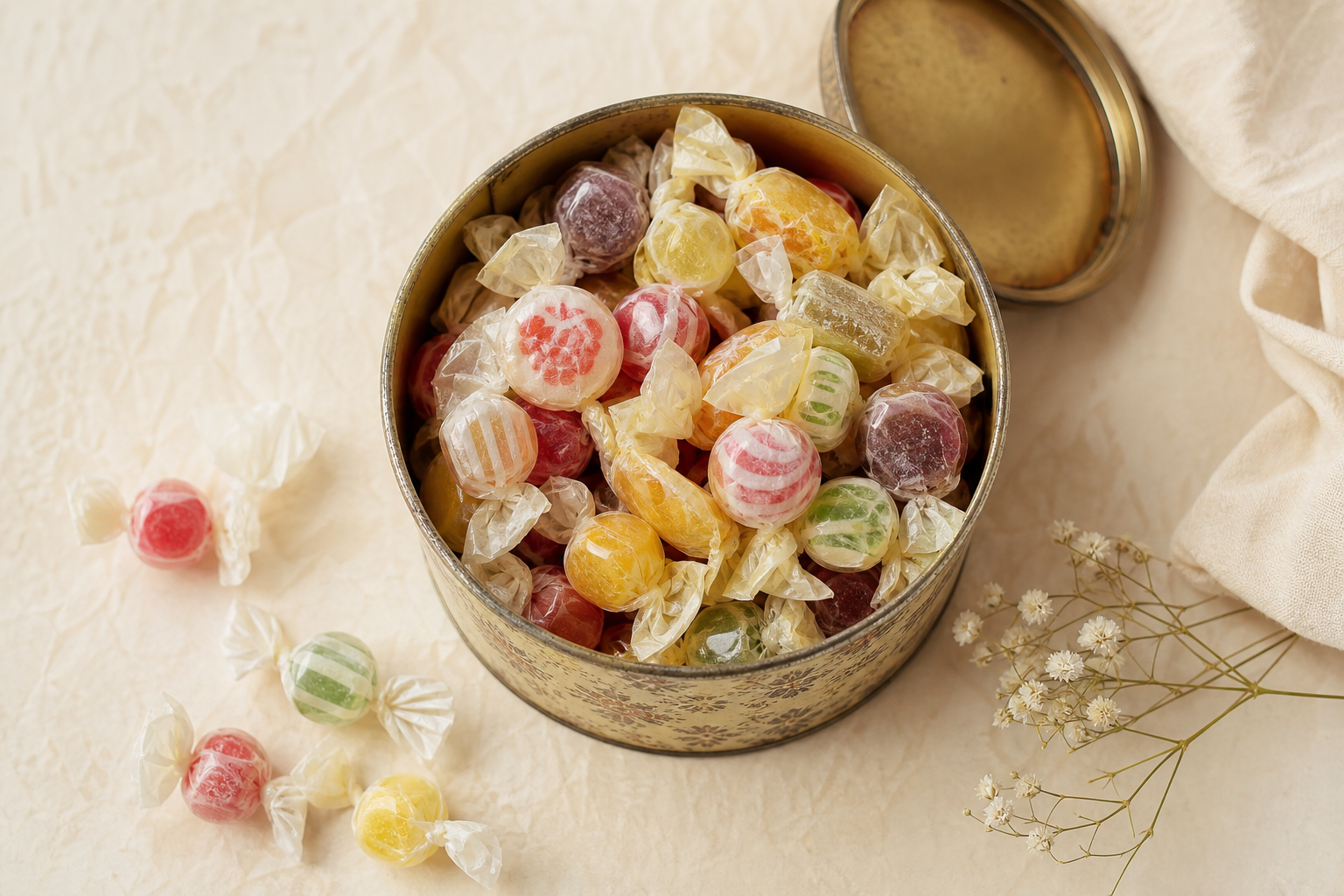 Old-fashioned nostalgic Swedish candies in a tin