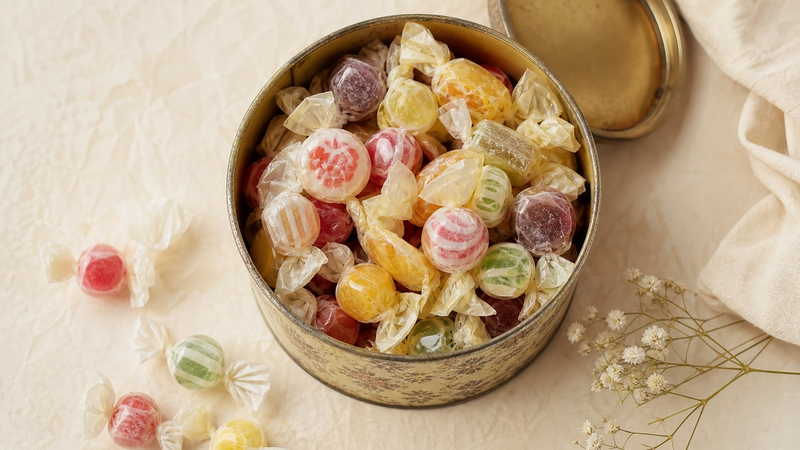 Old-fashioned nostalgic Swedish candies in a tin