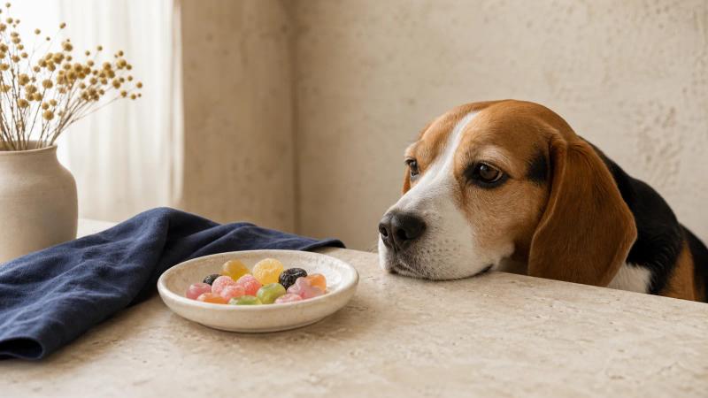 A calm beagle resting near a small dish of colourful candies placed out of reach on a cream table.