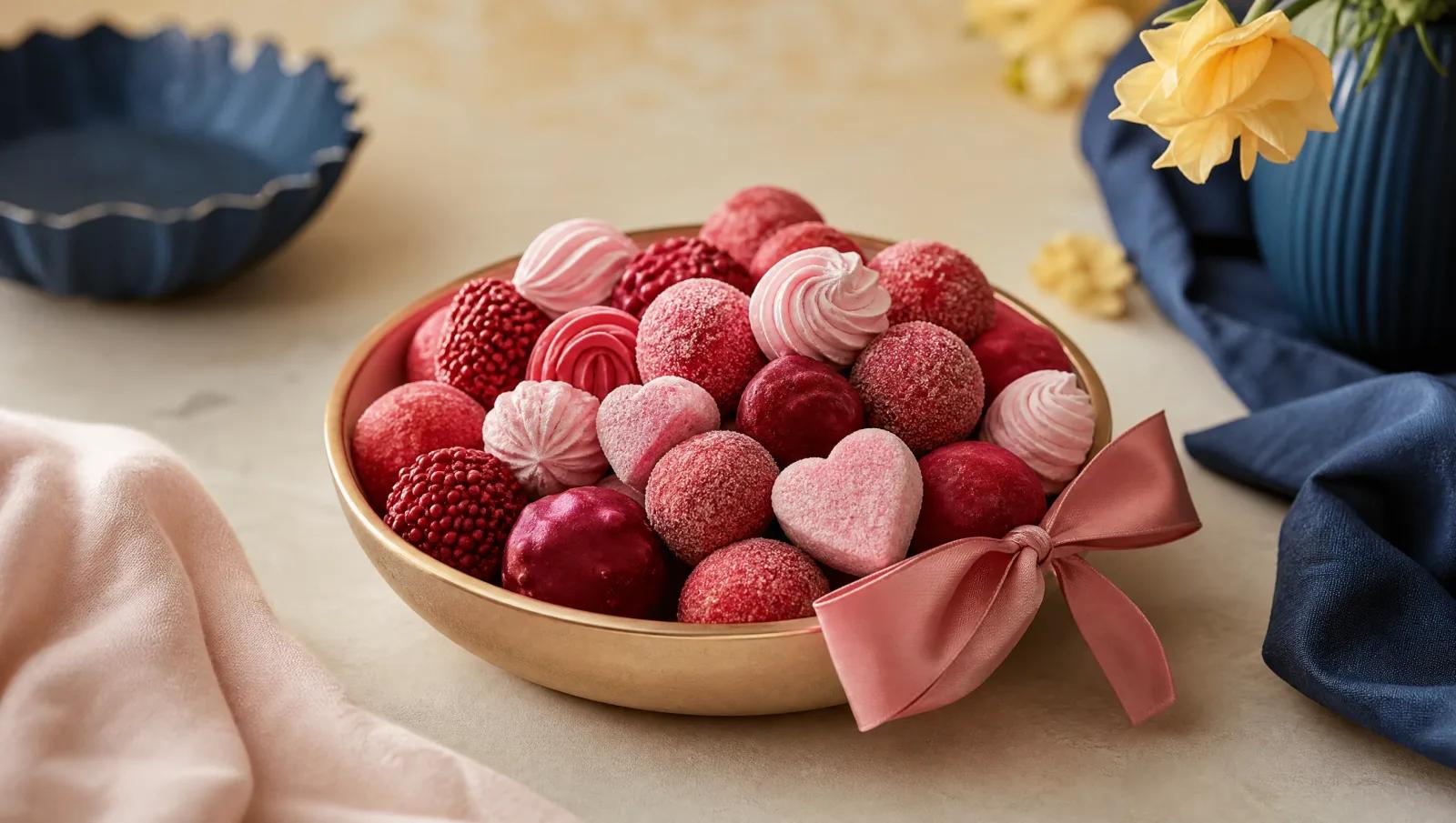 Red and pink sweets in a shallow bowl with a plain ribbon, soft romantic light.
