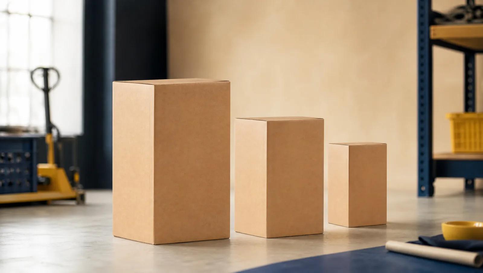 Three plain cartons of different sizes lined up in a warehouse, receding perspective.