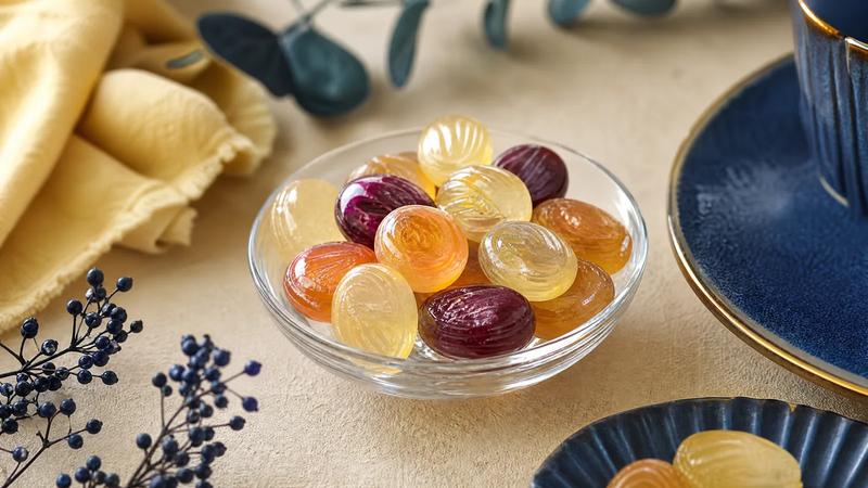 Glossy boiled sour drops and pastilles in a small glass dish.