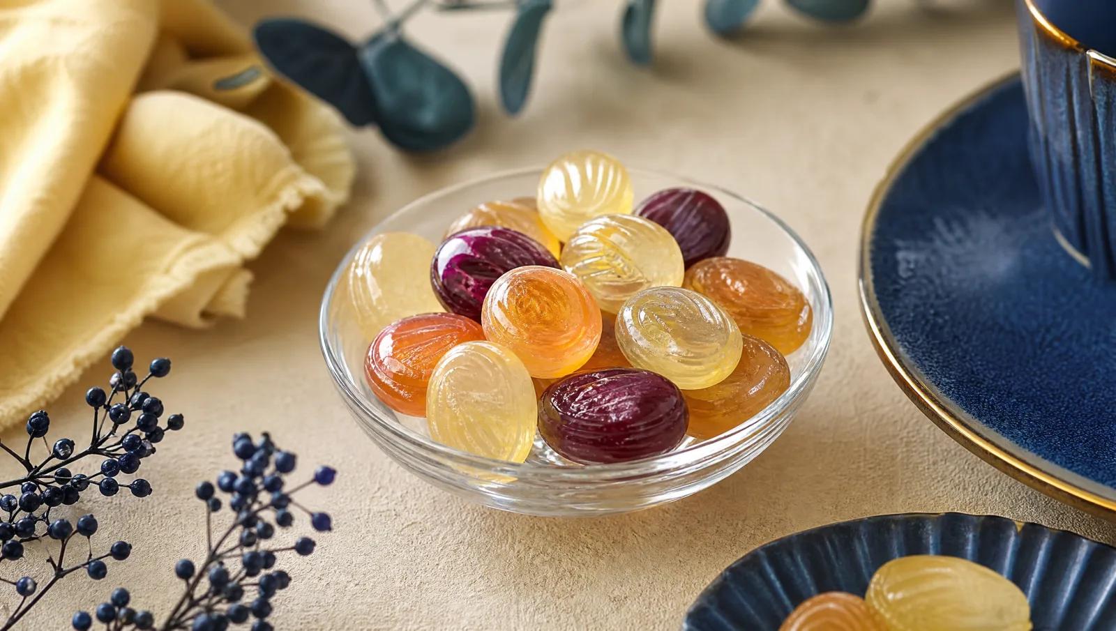 Glossy boiled sour drops and pastilles in a small glass dish.