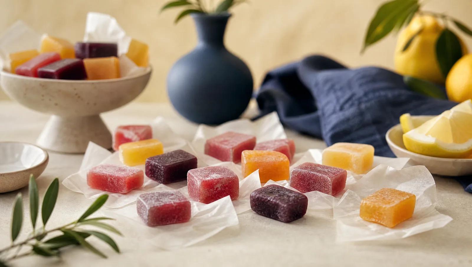 Chewy fruit sweets, some unwrapped in plain wax paper, fanned across cream.