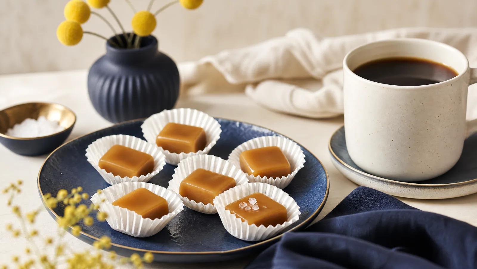Soft caramel bonbons unwrapped in plain paper cups beside a cup of black coffee.