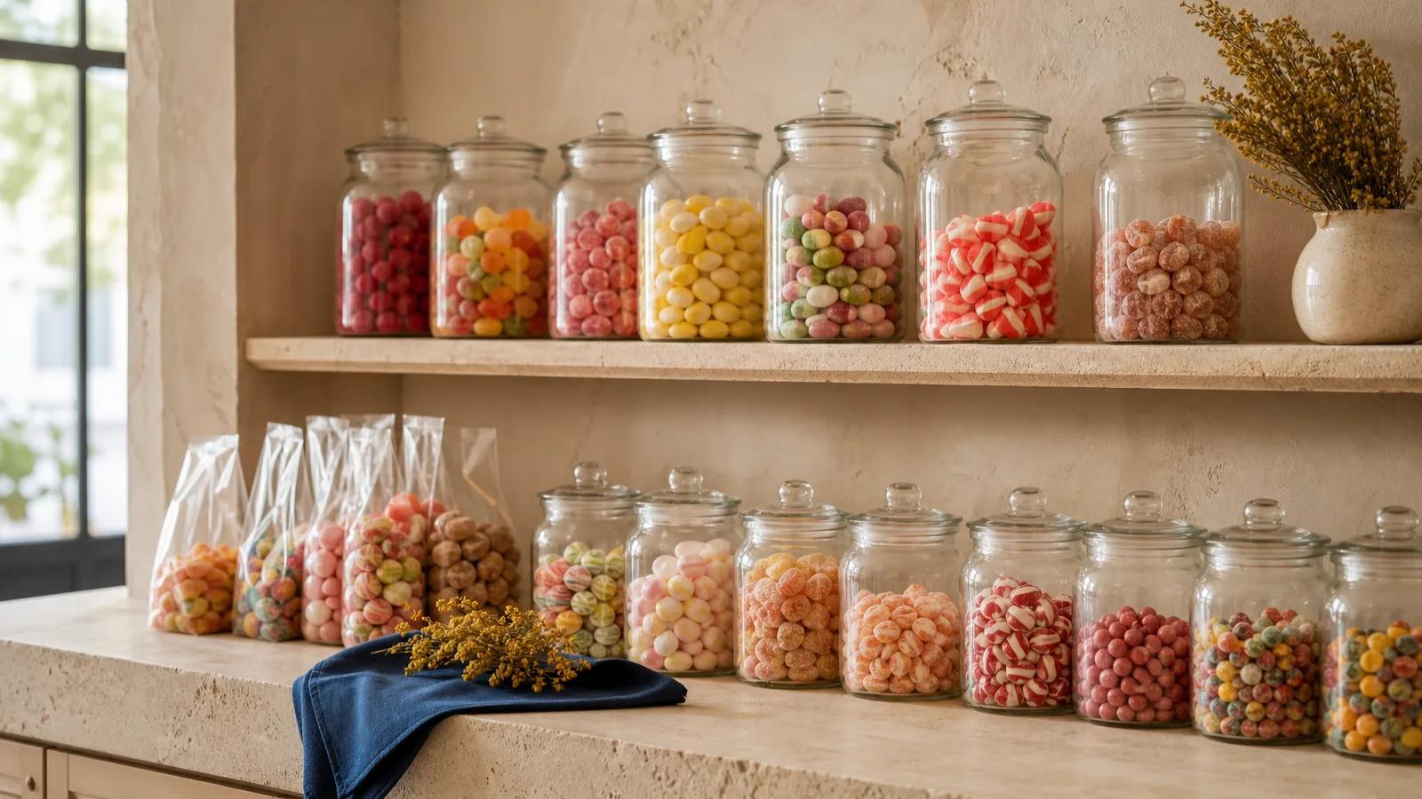 A boutique candy shop shelf with glass jars and clear bags of colorful imported candy.